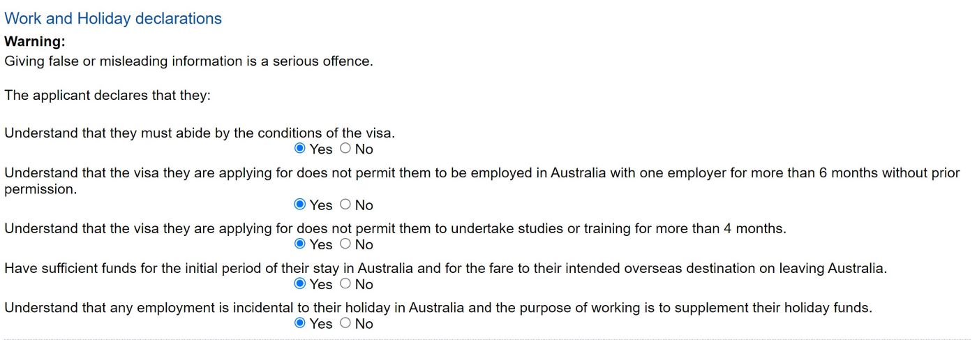 Žádost o work and holiday víza - screenshot