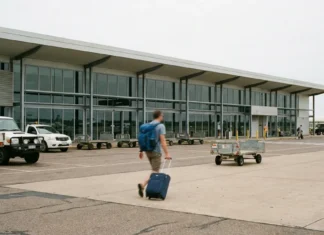 Letiště Darwin (DRW): doprava, aerolinky a tipy Terminální budova letišti Darwin s cestujícím nesoucím kufr a batoh přicházejícím k vchodu
